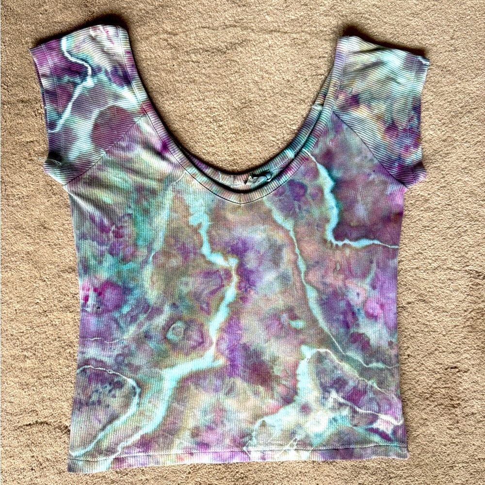 NEW hand dyed ice dye tie dye off shoulder low back crop top